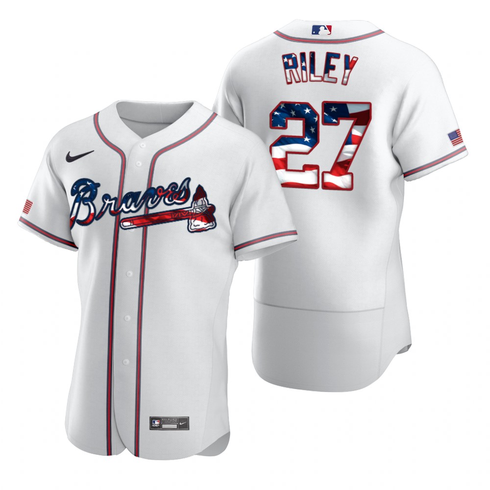 Atlanta Braves 27 Austin Riley Men Nike White Fluttering USA Flag Limited Edition Authentic MLB Jersey